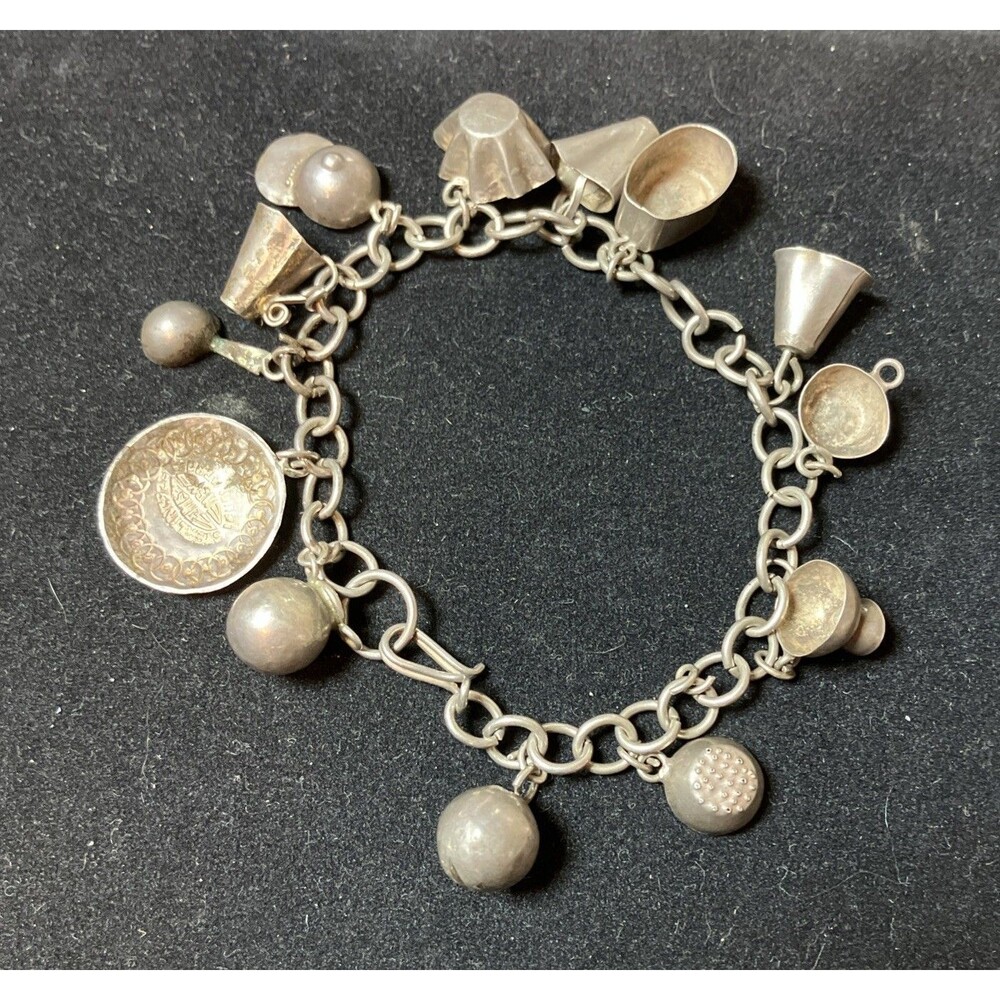 VTG Mexican 925 Sterling Silver Charm Bracelet Loaded w/13 Charms 7 In Long